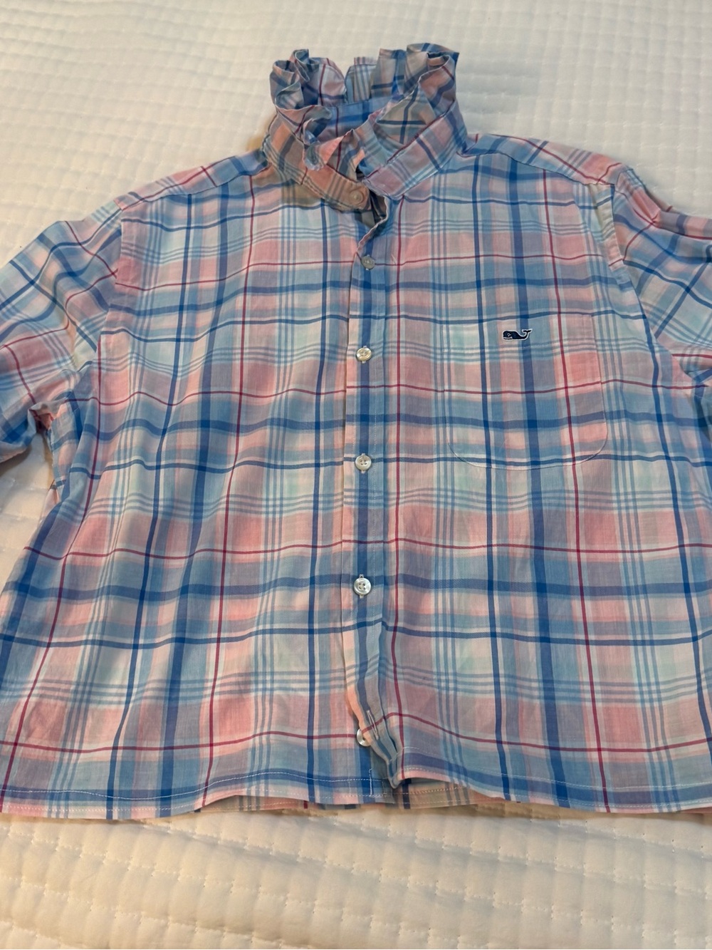 Upcycled Vineyard Vines Light Blue & Pink Plaid Button-Up Shirt -Size M - Picture 6 of 8